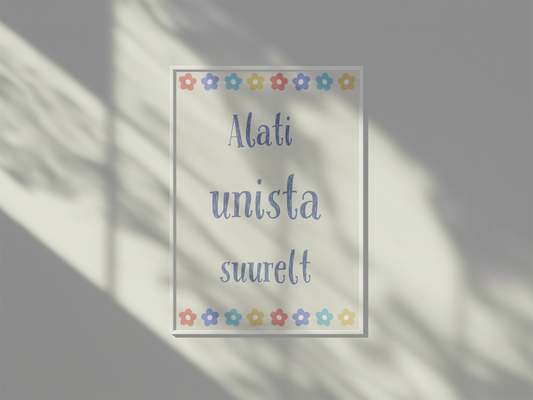Detailpilt minimalistlikust “Unista” tekstiga posterist – mänguline seinakaunistus