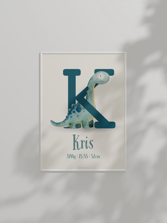 Dinosaurus nimeposter lapse toa sisustuseks – personaliseeritud sünniandmetega