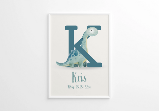 Personaliseeritud nimeposter dinosaurus lapse nime ja sünniandmetega – Emma & Roosi