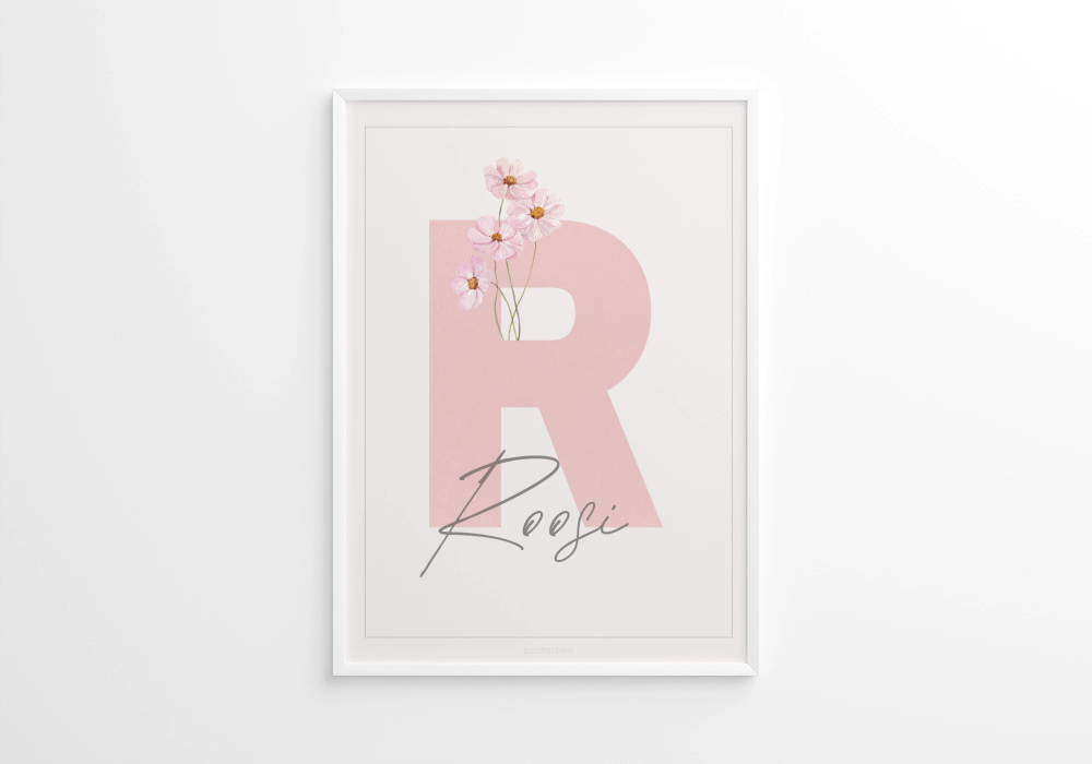 Nimeposter roosad lilled – personaliseeritud lapse nime ja initsiaaliga – Emma & Roosi