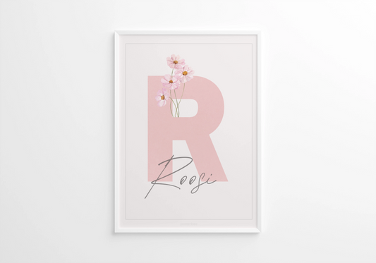 Nimeposter roosad lilled – personaliseeritud lapse nime ja initsiaaliga – Emma & Roosi
