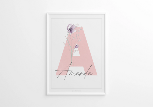 Nimeposter – roosad lilled, lapse nimi ja sünniandmed – Emma & Roosi